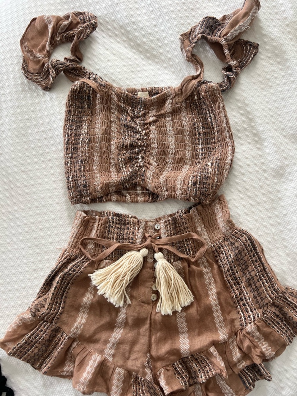 Surf Gypsy Brown & Cream Smocked Crop Top with Ruffle Shorts